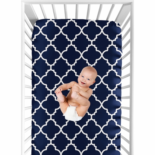 Trellis Navy Blue and White Collection Crib Sheet - Trellis Print - alt image 3