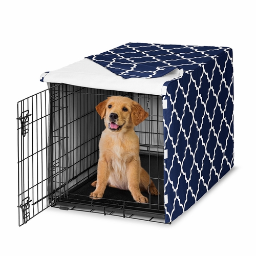 Trellis Navy Blue and White Collection Dog Crate Kennel Cover 36in.