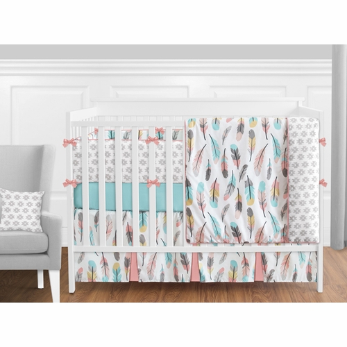 Turquoise and Coral Feather 9 Piece Crib Bedding Collection