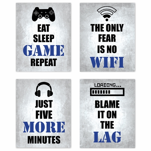 Video Gamer Blue Collection Wall Art Prints - Set of 4