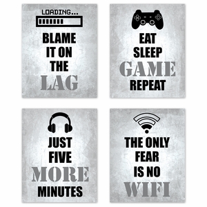 Video Gamer Grey Collection Wall Art Prints - Set of 4