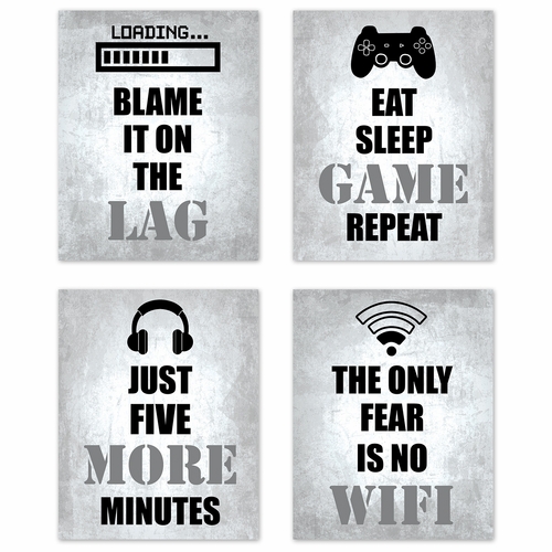 Video Gamer Grey Collection Wall Art Prints - Set of 4
