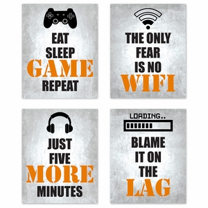 Video Gamer Orange Collection Wall Art Prints - Set of 4