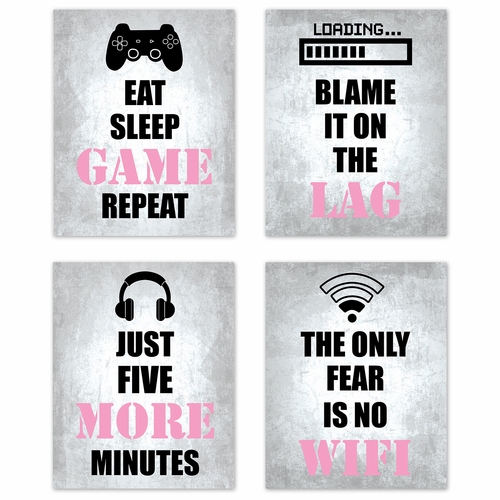 Video Gamer Pink Collection Wall Art Prints - Set of 4