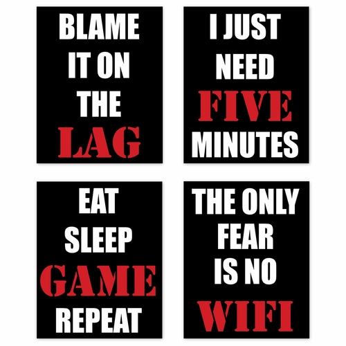 Video Gamer Red and Black Collection Wall Art Prints - Set of 4