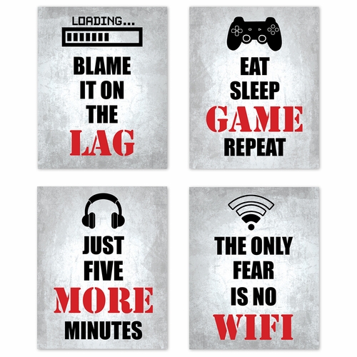 Video Gamer Red Collection Wall Art Prints - Set of 4