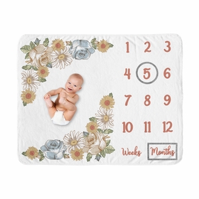 Vintage Floral Blue and Yellow Collection Monthly Milestone Baby Blanket