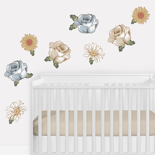 Vintage Floral Blue and Yellow Collection Peel and Stick Wall Decal Stickers - Set of 4 Sheets