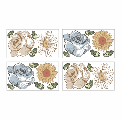 Vintage Floral Blue and Yellow Collection Peel and Stick Wall Decal Stickers - Set of 4 Sheets - alt image 1