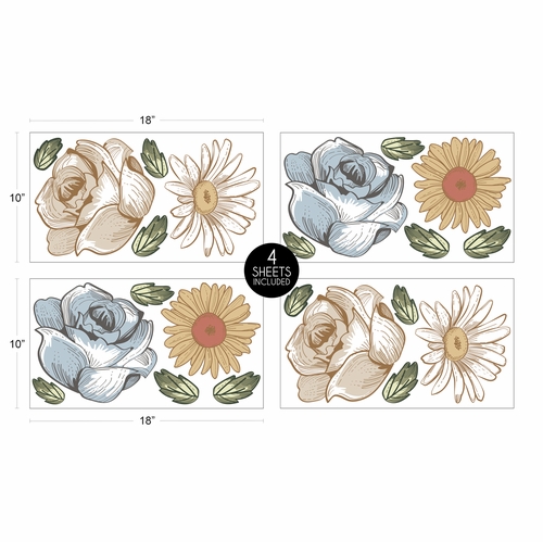 Vintage Floral Blue and Yellow Collection Peel and Stick Wall Decal Stickers - Set of 4 Sheets - alt image 3