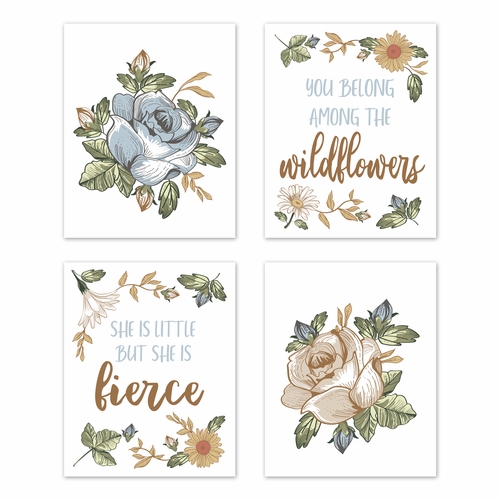 Vintage Floral Blue and Yellow Collection Wall Art Prints - Set of 4