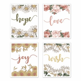 Vintage Floral Collection Wall Art Prints - Set of 4 - Hope Love Joy Wish
