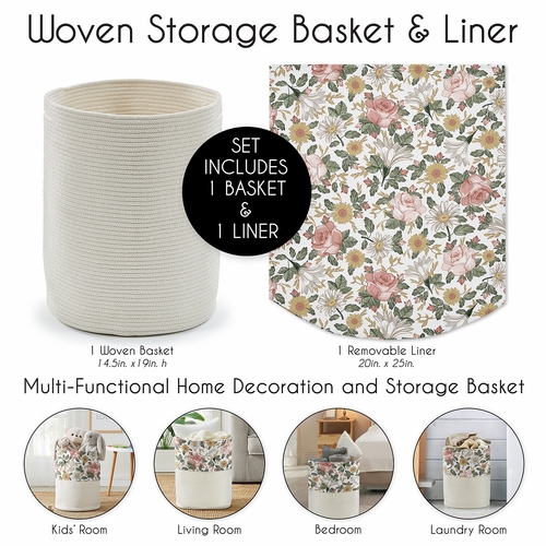 Vintage Floral Collection Woven Laundry Rope Basket Hamper with Liner - alt image 4