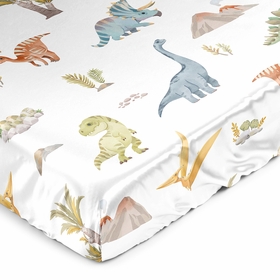 Watercolor Dinosaur Dino Collection Satin Fitted Crib Sheet