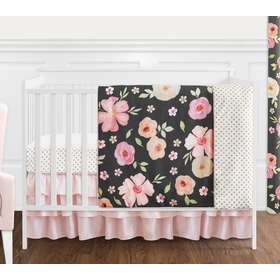 Watercolor Floral Black and Pink Collection 4 Piece Bumperless Crib Bedding