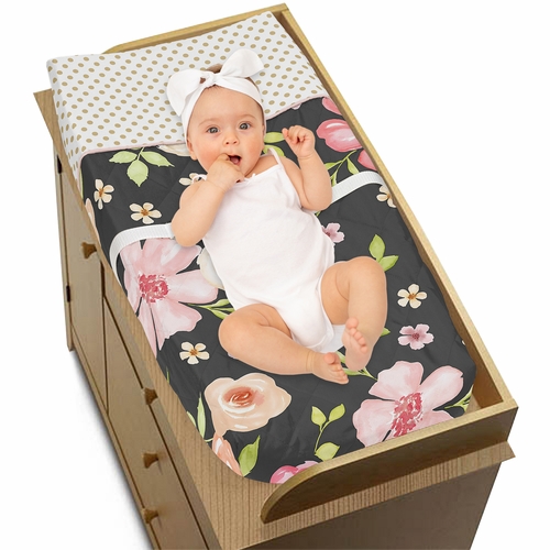 Watercolor Floral Black and Pink Collection Changing Pad Cover - alt image 2