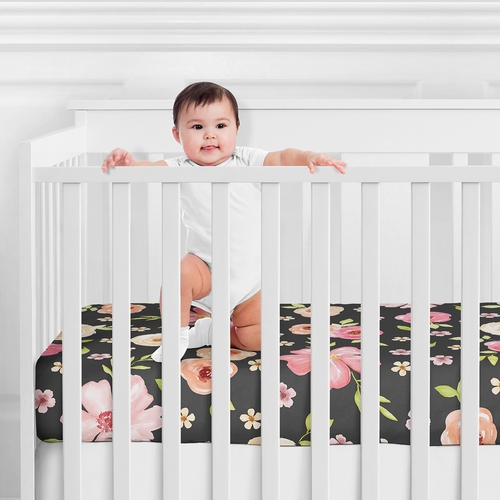 Watercolor Floral Black and Pink Collection Crib Sheet - alt image 1