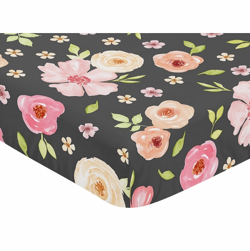 Watercolor Floral Black and Pink Collection Crib Sheet - alt image 2