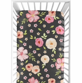 Watercolor Floral Black and Pink Collection Crib Sheet