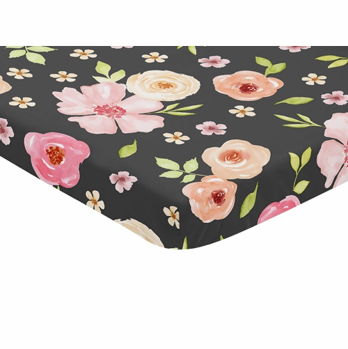 Watercolor Floral Black and Pink Collection Mini Crib Sheet