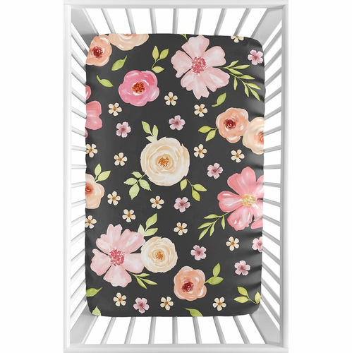 Watercolor Floral Black and Pink Collection Mini Crib Sheet - alt image 1