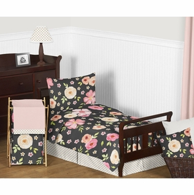 Watercolor Floral Black and Pink Collection Toddler Bedding