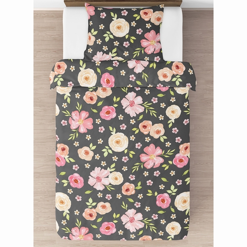 Watercolor Floral Black and Pink Collection Twin Bedding - alt image 1