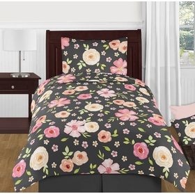 Watercolor Floral Black and Pink Collection Twin Bedding
