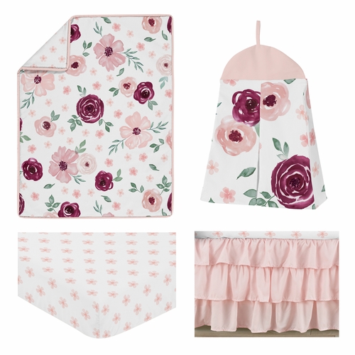 Watercolor Floral Burgundy Wine and Pink Collection 4 Piece Crib Bedding - alt image 1