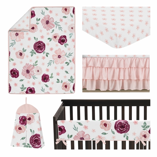 Watercolor Floral Burgundy Wine and Pink Collection 5 Piece Crib Bedding - alt image 1