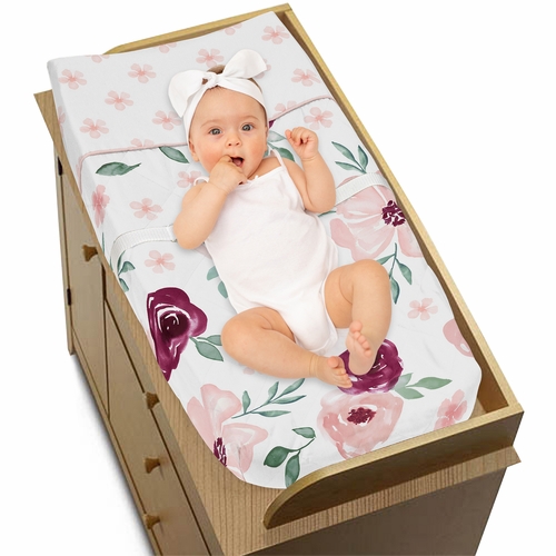 Watercolor Floral Burgundy Wine and Pink Collection Changing Pad Cover - alt image 2