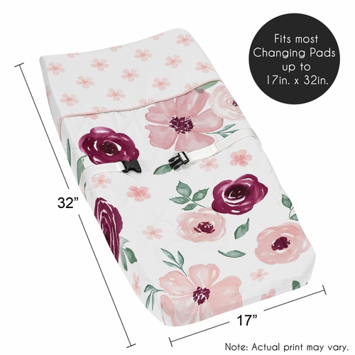 Watercolor Floral Burgundy Wine and Pink Collection Changing Pad Cover - alt image 4