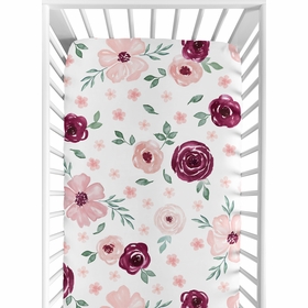 Watercolor Floral Burgundy Wine and Pink Collection Crib Sheet