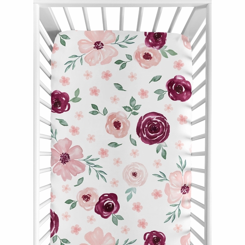 Watercolor Floral Burgundy Wine and Pink Collection Crib Sheet