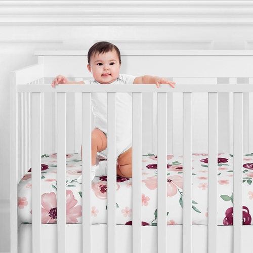 Watercolor Floral Burgundy Wine and Pink Collection Crib Sheet - alt image 1