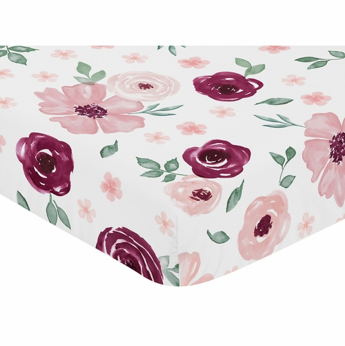 Watercolor Floral Burgundy Wine and Pink Collection Crib Sheet - alt image 2