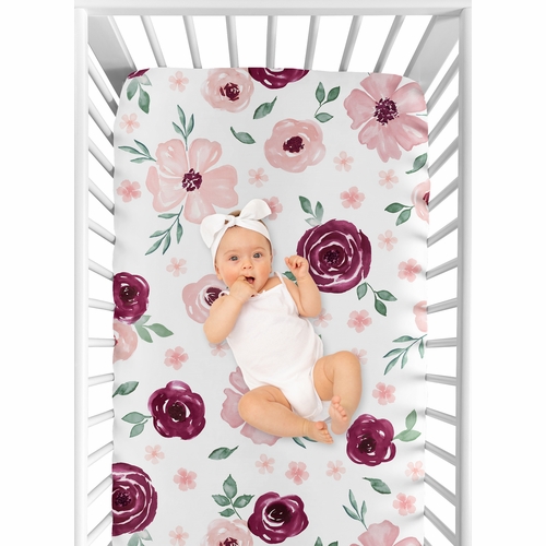 Watercolor Floral Burgundy Wine and Pink Collection Crib Sheet - alt image 3