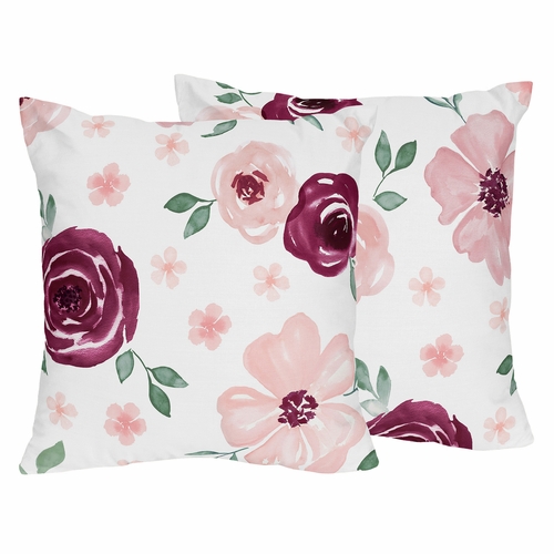 Watercolor Floral Burgundy Wine and Pink Collection Decorative Accent Throw Pillows - Set of 2