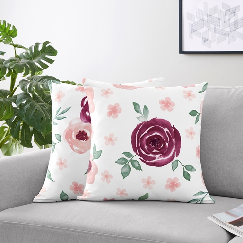 Watercolor Floral Burgundy Wine and Pink Collection Decorative Accent Throw Pillows - Set of 2 - alt image 1