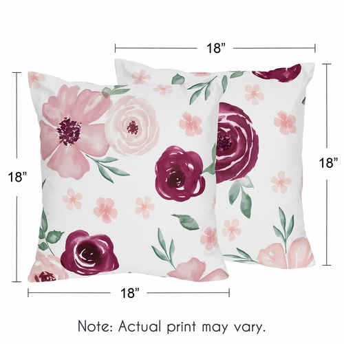 Watercolor Floral Burgundy Wine and Pink Collection Decorative Accent Throw Pillows - Set of 2 - alt image 2