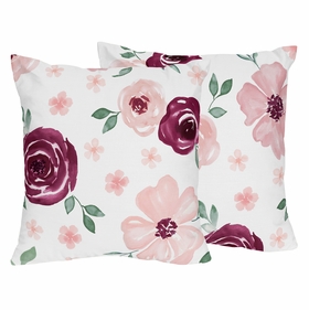 Watercolor Floral Burgundy Wine and Pink Collection Decorative Accent Throw Pillows - Set of 2