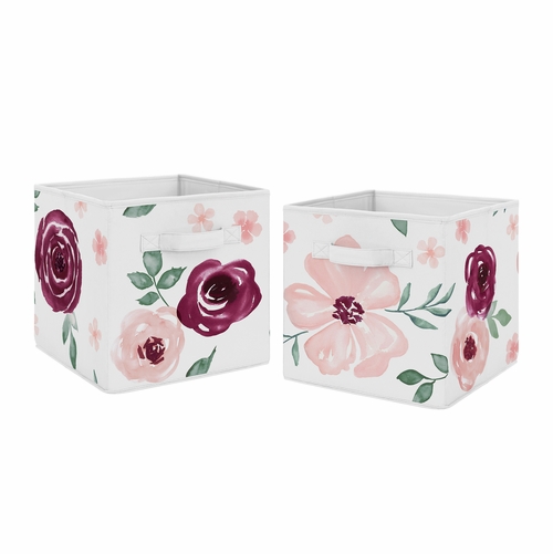 Watercolor Floral Burgundy Wine and Pink Collection Foldable Fabric Storage Bins