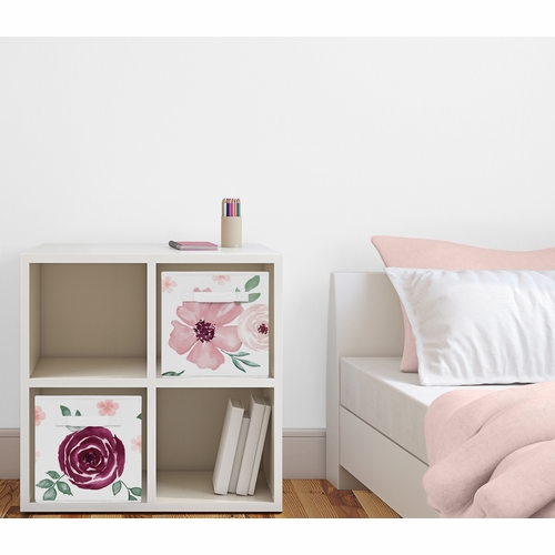 Watercolor Floral Burgundy Wine and Pink Collection Foldable Fabric Storage Bins - alt image 1