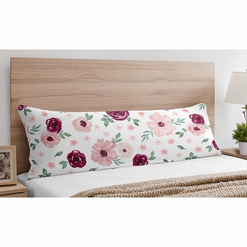 Watercolor Floral Burgundy Wine and Pink Collection Full Length Body Pillow Cover - alt image 2