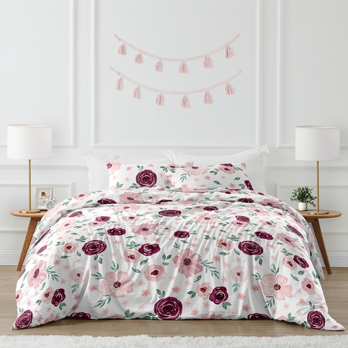 Watercolor Floral Burgundy Wine and Pink Collection Full/Queen Bedding