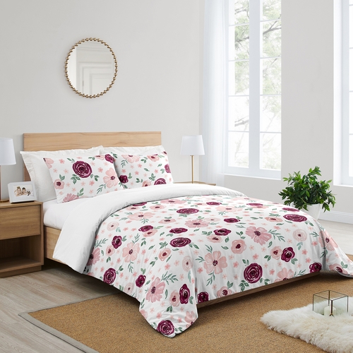 Watercolor Floral Burgundy Wine and Pink Collection Full/Queen Bedding - alt image 1