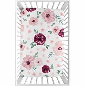 Watercolor Floral Burgundy Wine and Pink Collection Mini Crib Sheet