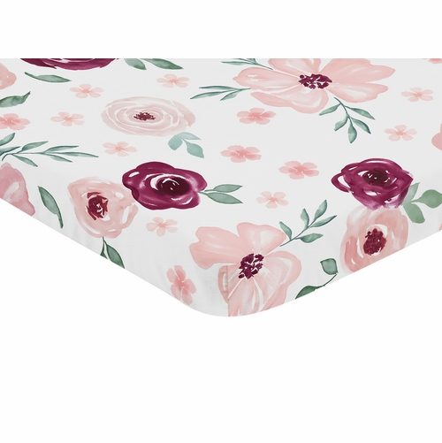 Watercolor Floral Burgundy Wine and Pink Collection Mini Crib Sheet - alt image 1
