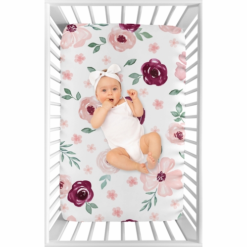 Watercolor Floral Burgundy Wine and Pink Collection Mini Crib Sheet - alt image 2