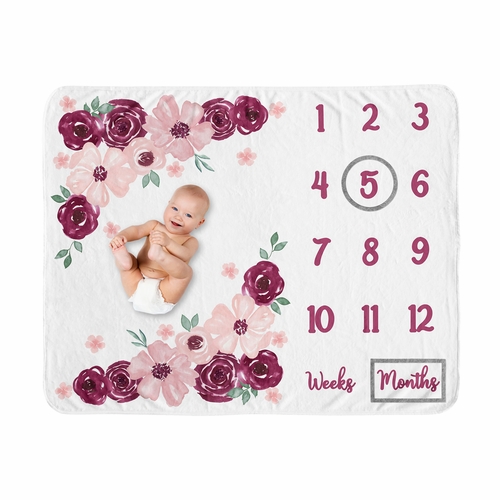 Watercolor Floral Burgundy Wine and Pink Collection Monthly Milestone Baby Blanket